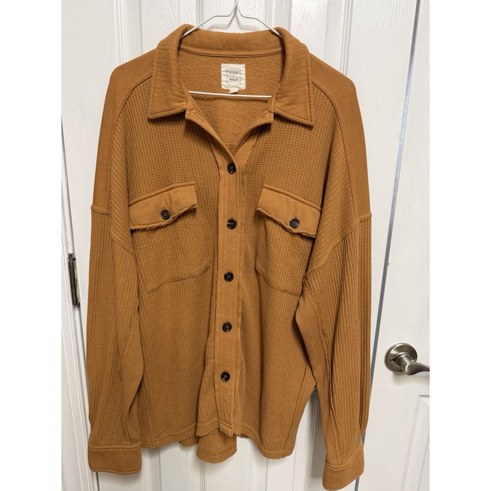 Women's L/XL Rust Waffle Knit Shacket Oversized Button Front Fall Shirt Jacket